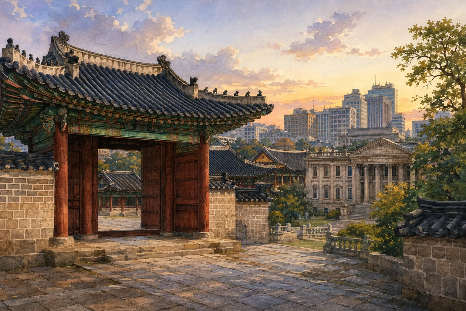 Illustrated Deoksugung Palace gate and tiled roofs with central Seoul buildings beyond the walls