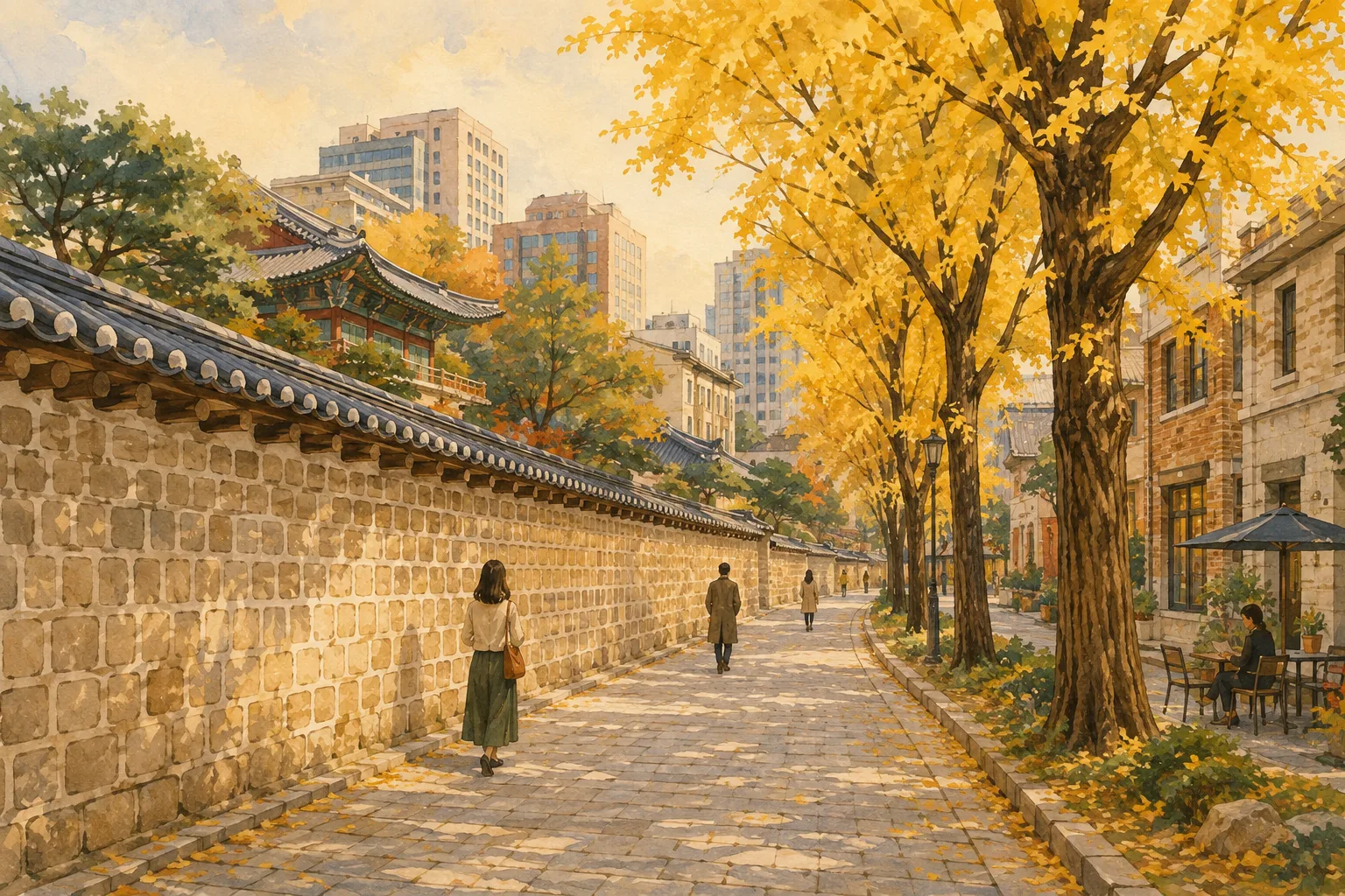 Deoksugung Palace gate and courtyard framed by central Seoul buildings at sunset.