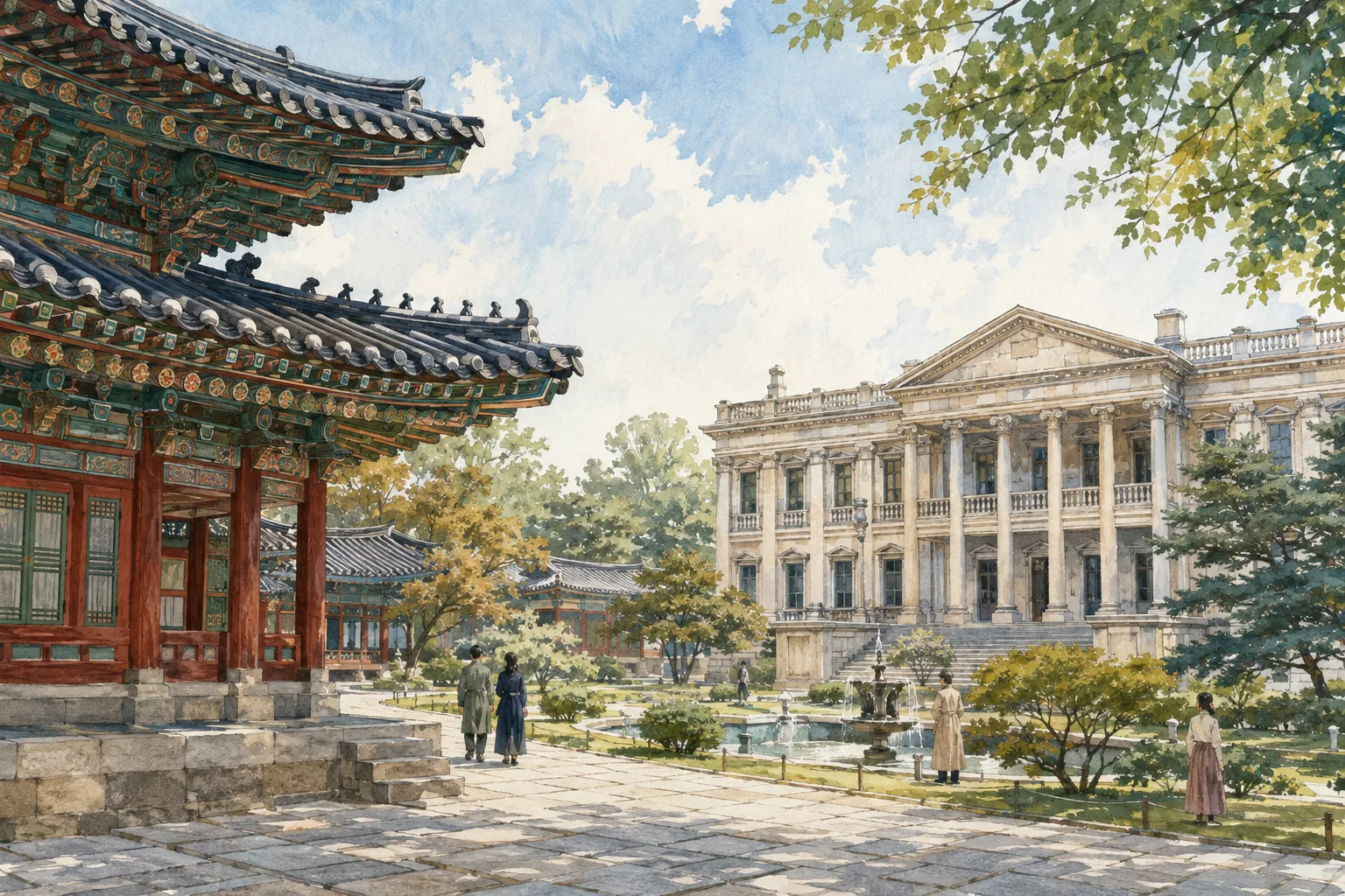 A quiet Deoksugung Stone Wall Path lined with golden trees and low cultural buildings in central Seoul.