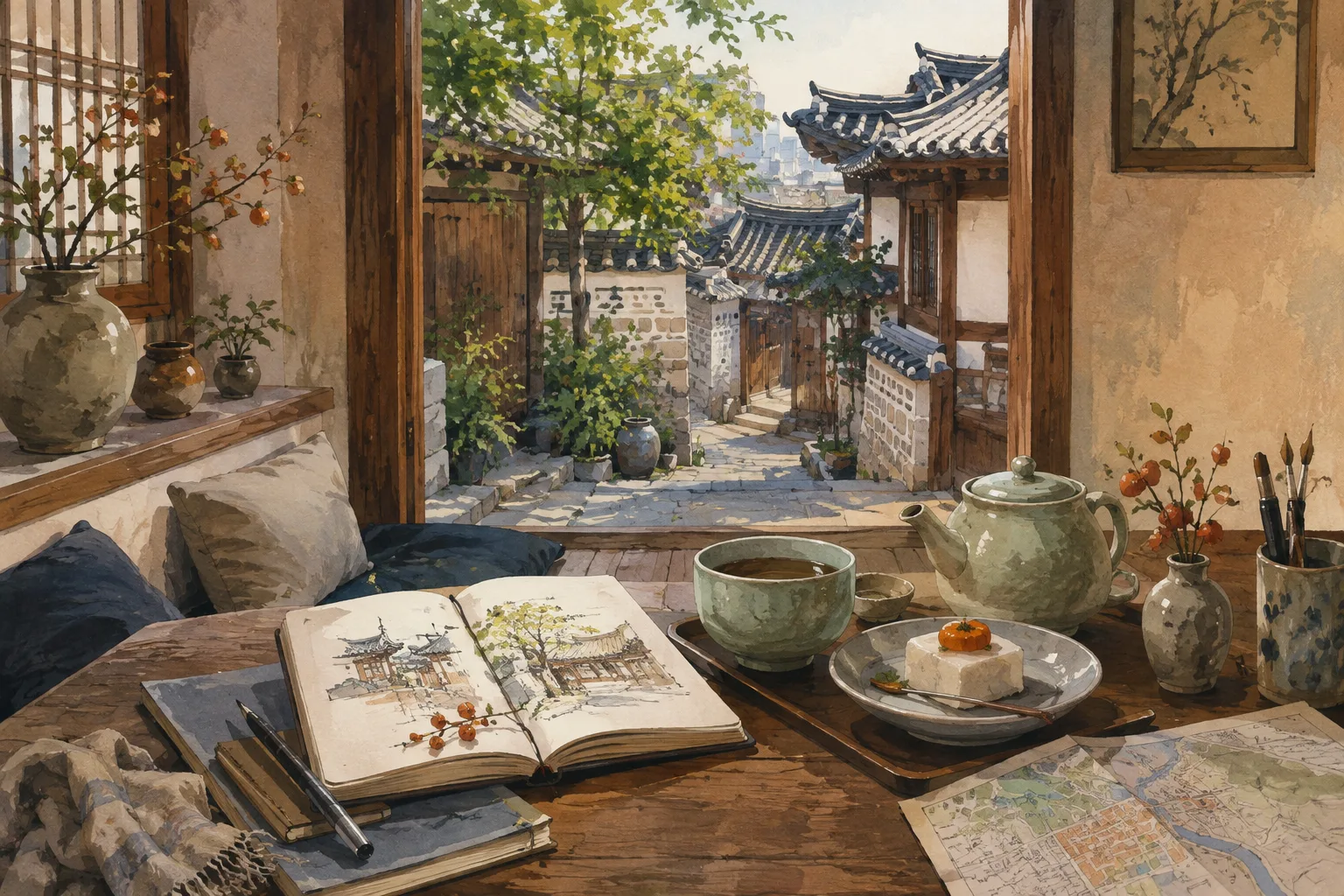 A Seochon courtyard cafe with traditional tea, a travel notebook, and a view into a tiled-roof alley.