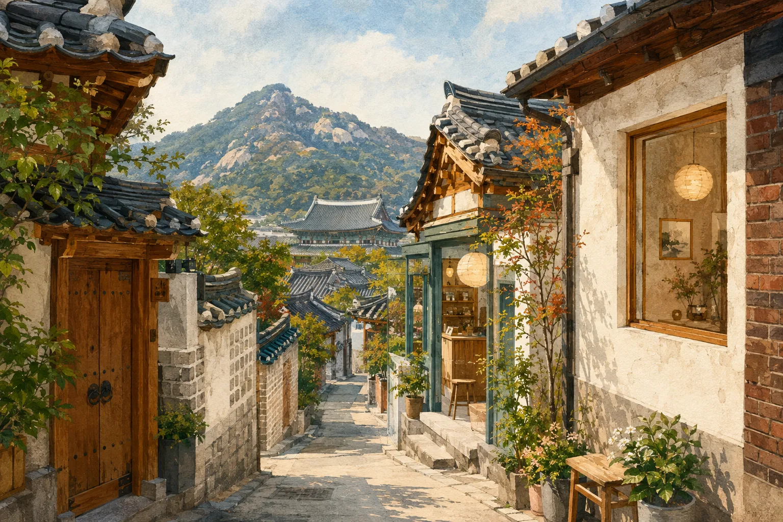 Illustrated Seochon hanok alley leading toward Gyeongbokgung Palace and Inwangsan Mountain