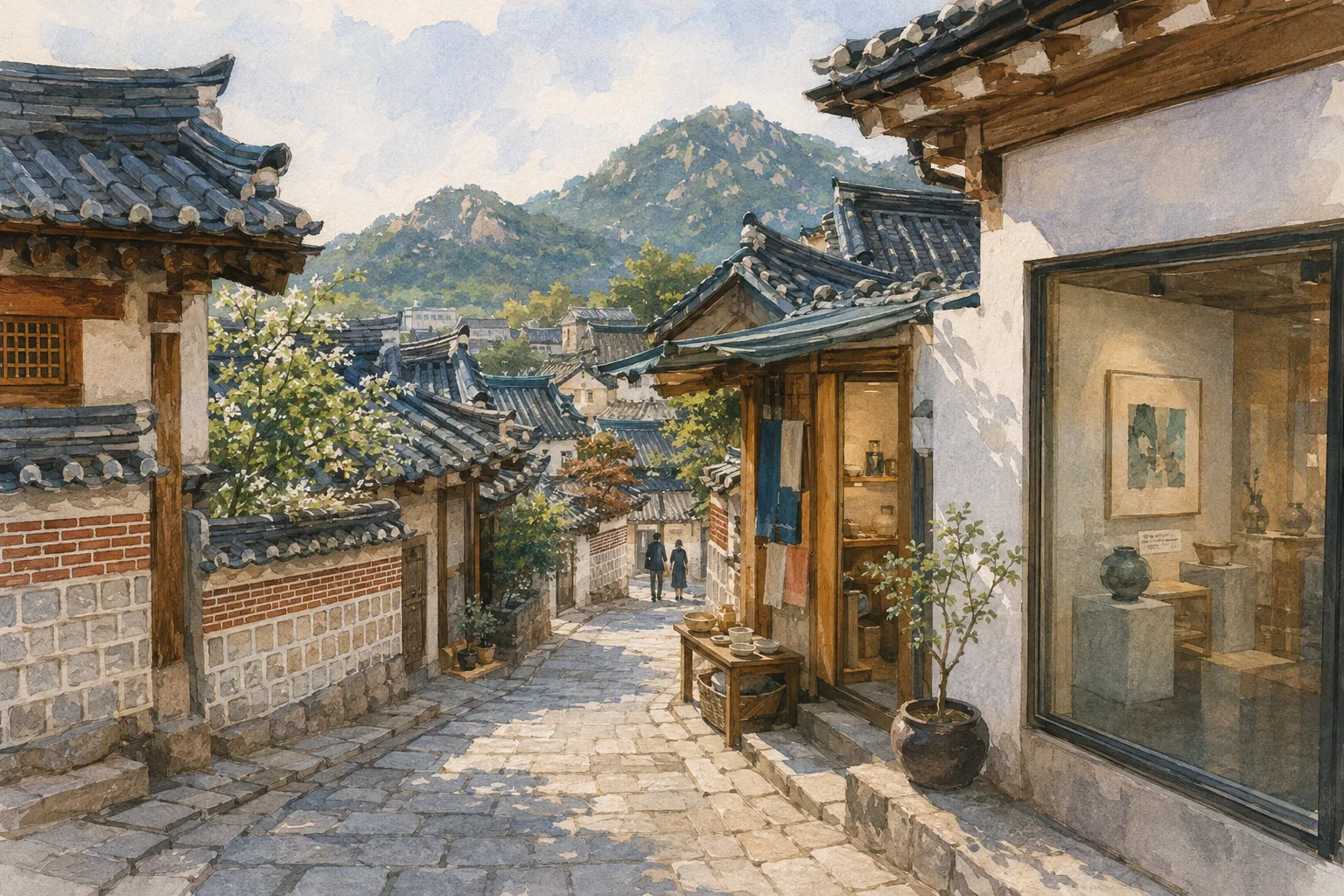 A quiet Seochon lane with layered hanok roofs, a small gallery window, and Inwangsan in the distance.