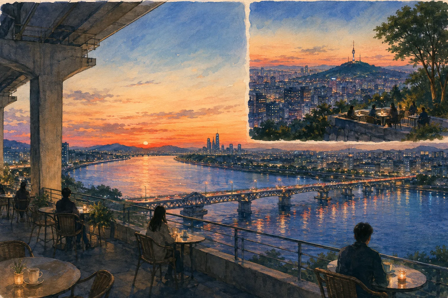 A Seoul rooftop cafe at blue hour with coffee, dessert, the Hangang River, and bridges beyond the railing.