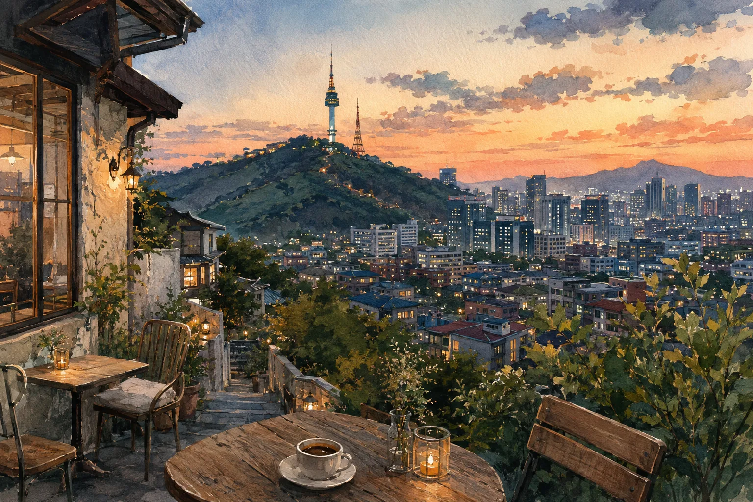 A hilltop Seoul terrace with coffee, Namsan, N Seoul Tower, and the downtown lights spreading across the city.
