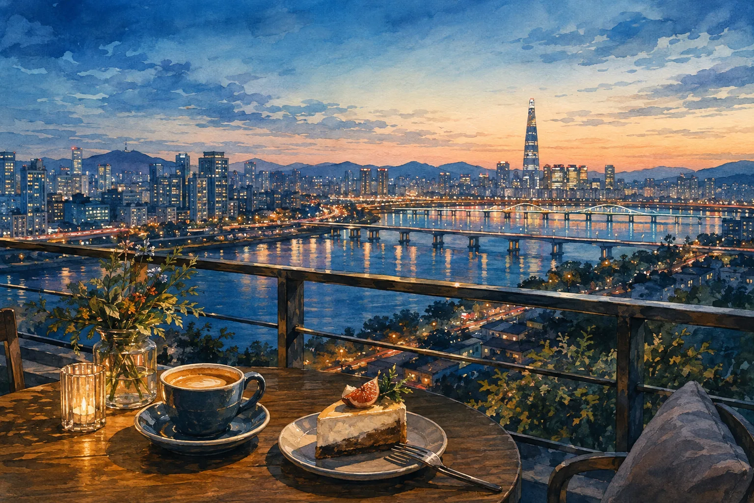 Illustrated Seoul rooftop cafe table overlooking the Hangang River, bridges, and city lights at blue hour
